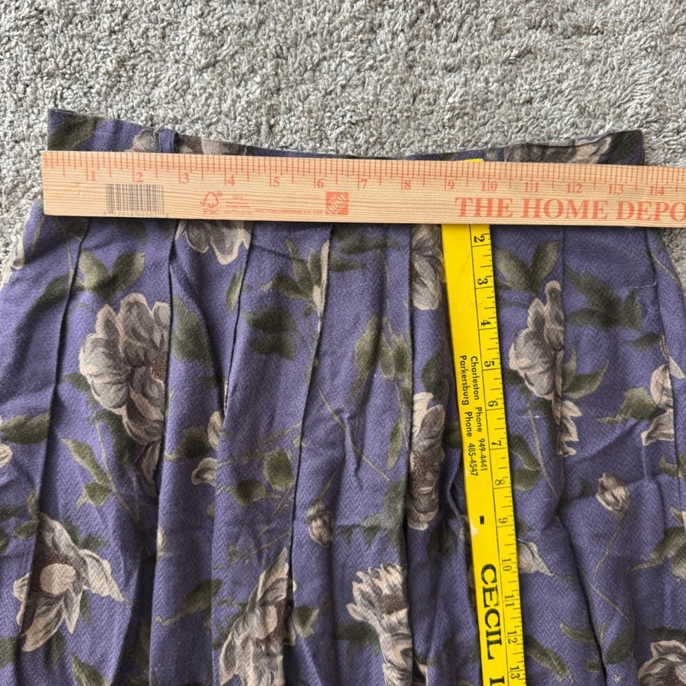 Vintage Purple Floral Pleated Midi Pull On Skirt Herringbone Rayon Small Earthy